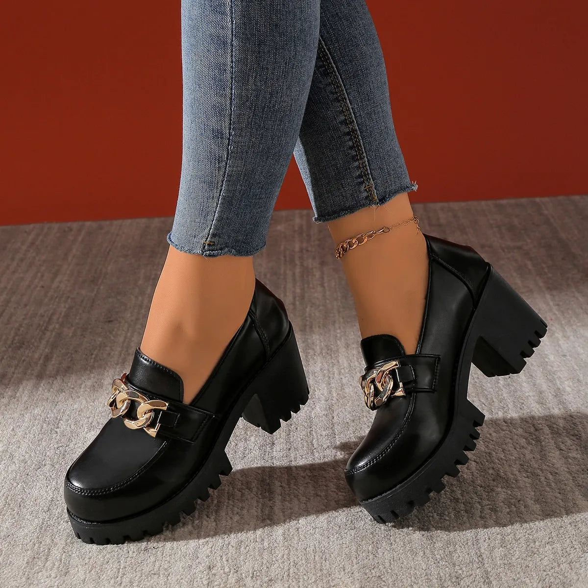 Women's Waterproof Leather High-heeled Loafers