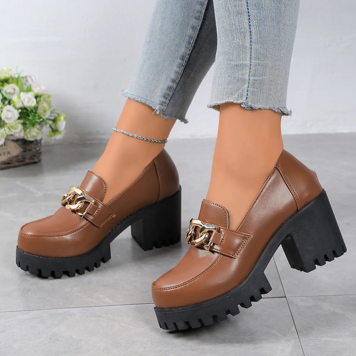 Women's Waterproof Leather High-heeled Loafers