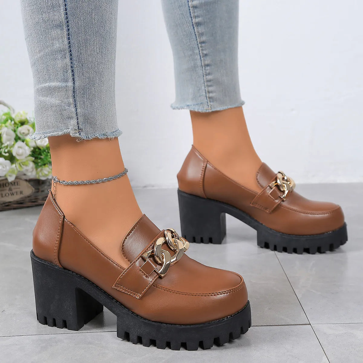 Women's Waterproof Leather High-heeled Loafers