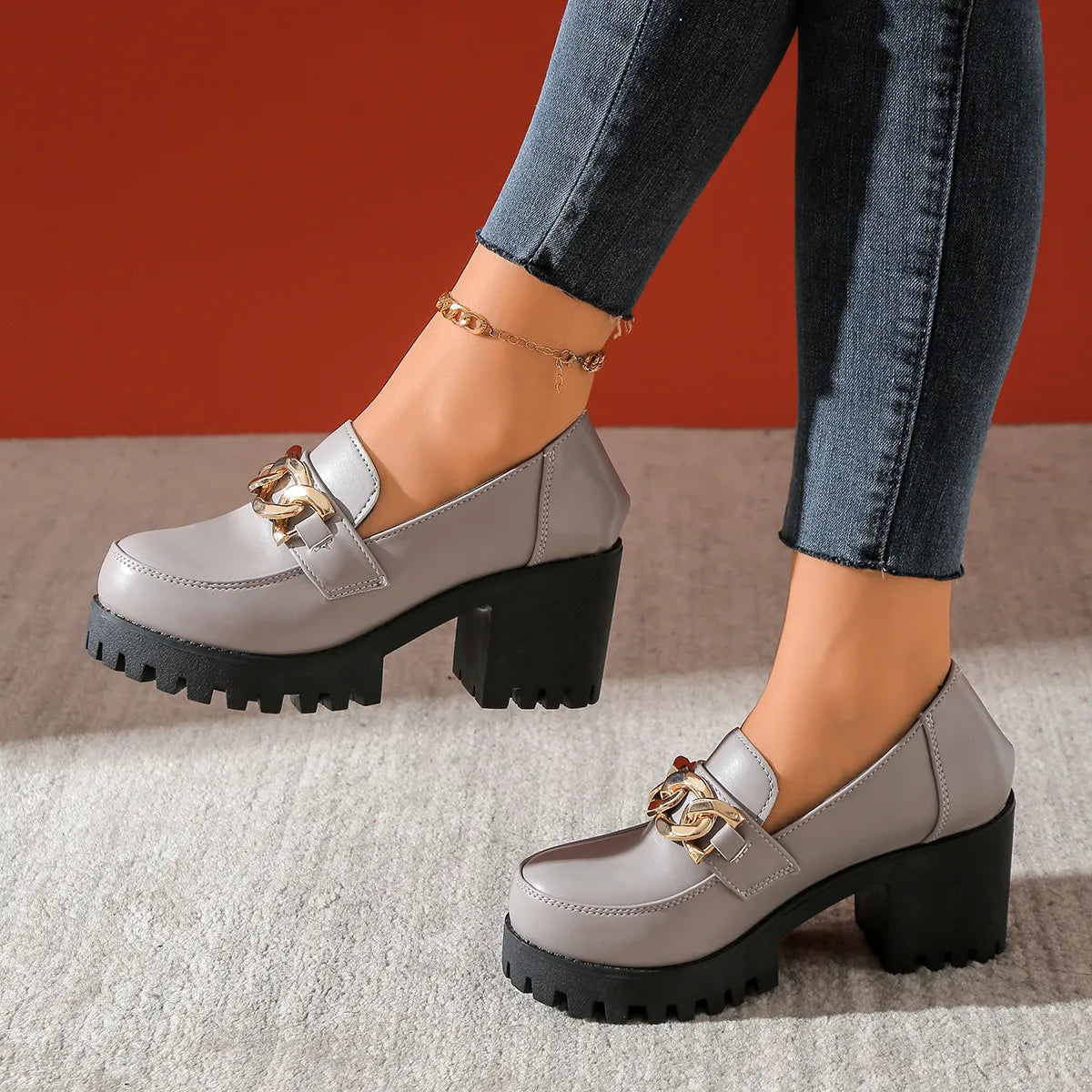 Women's Waterproof Leather High-heeled Loafers
