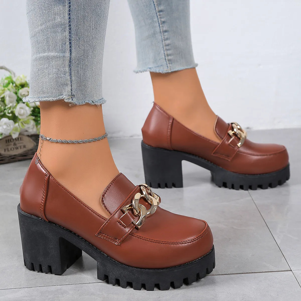 Women's Waterproof Leather High-heeled Loafers