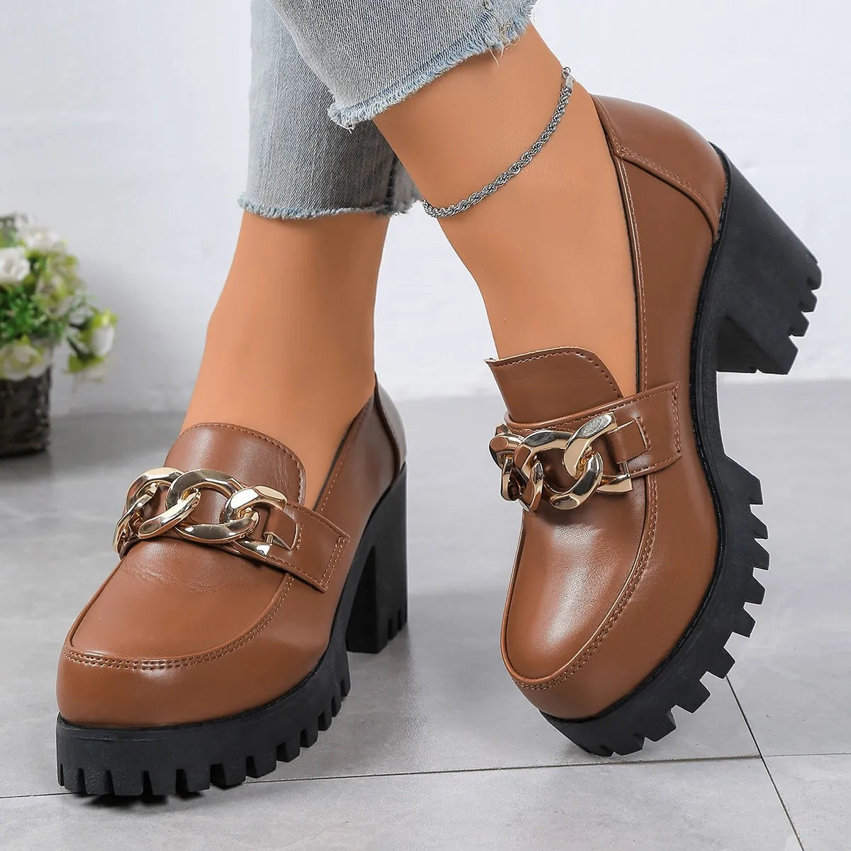 Women's Waterproof Leather High-heeled Loafers